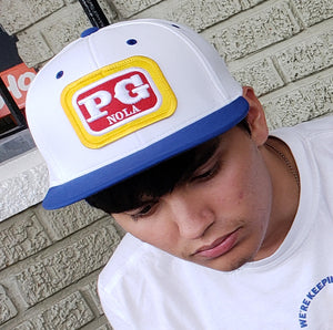 PG NOLA™ Flatbill Flexfit Hat - WHITE w/ blue